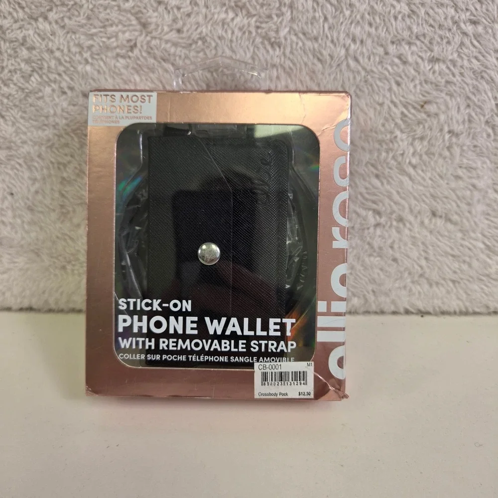 Ellie Rose Black Stick-On Phone Wallet RFID Blocking Removable Crossbody Strap